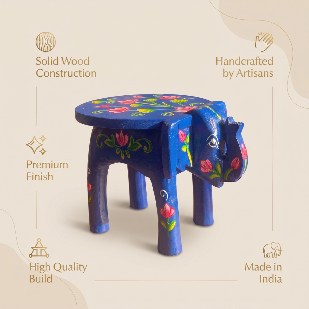Wooden Elephant Stool | Lotus Blue | 24x15x13 cm