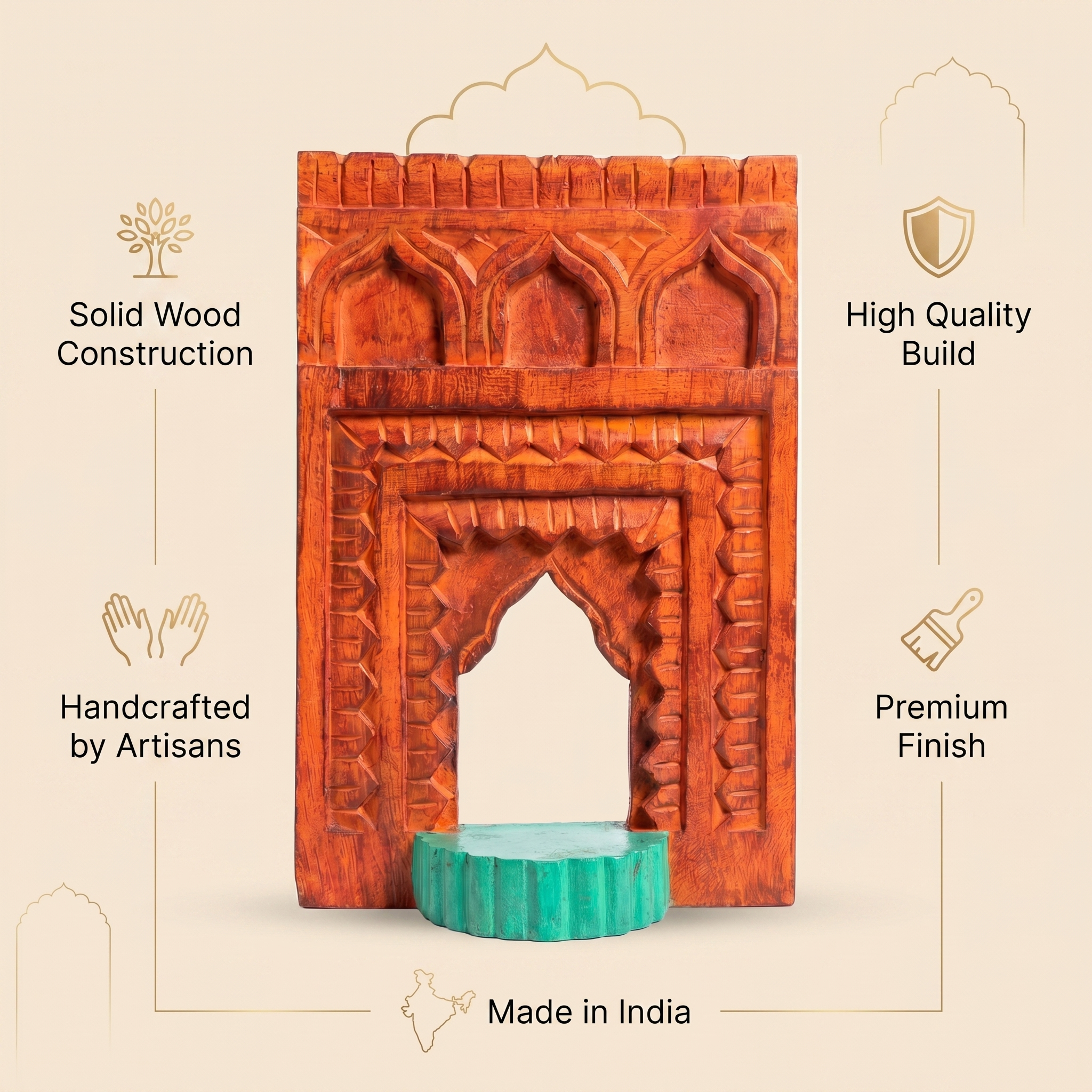 Jharokha Wall Frame | Orange-Red with Green Shelf | 12x8x1 Inch