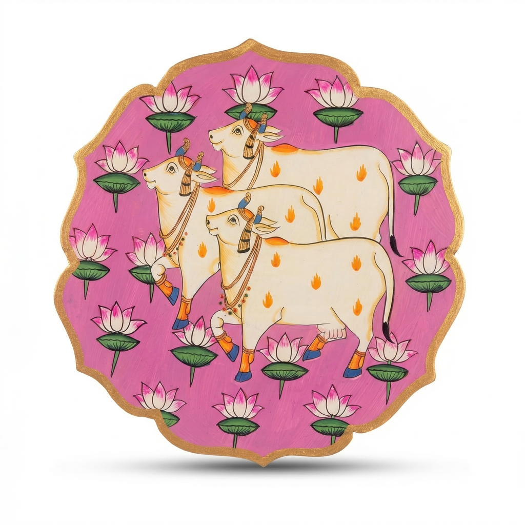 Wooden Pichwai Wall Plate 3 | 9.5 Inches | Handpainted