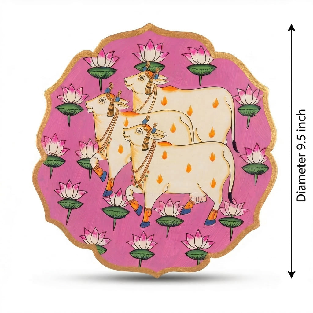 Wooden Pichwai Wall Plate 3 | 9.5 Inches | Handpainted