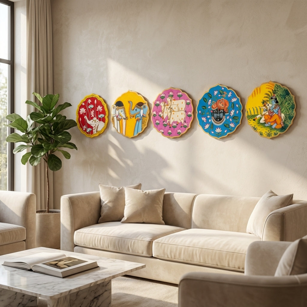 Wooden Pichwai Wall Plate 3 | 9.5 Inches | Handpainted
