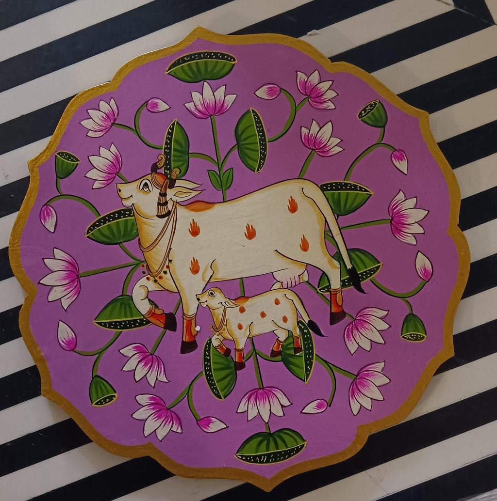 Wooden Pichwai Wall Plate | 9.5 Inches | Handpainted | Purple/Pink Nandi