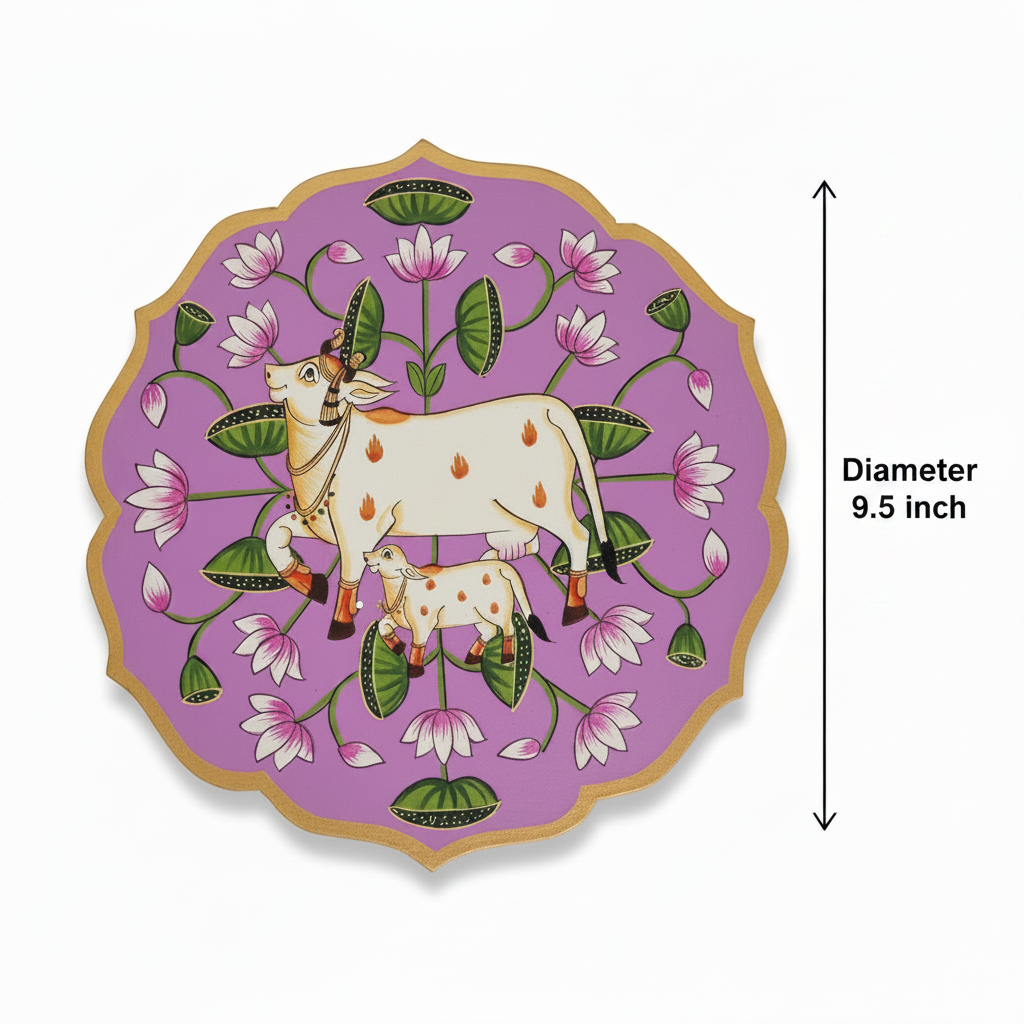 Wooden Pichwai Wall Plate | 9.5 Inches | Handpainted | Purple/Pink Nandi