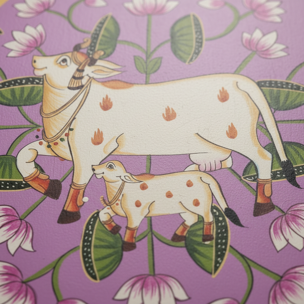 Wooden Pichwai Wall Plate | 9.5 Inches | Handpainted | Purple/Pink Nandi