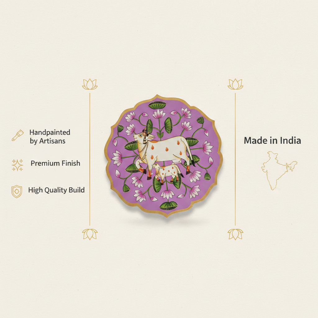Wooden Pichwai Wall Plate | 9.5 Inches | Handpainted | Purple/Pink Nandi