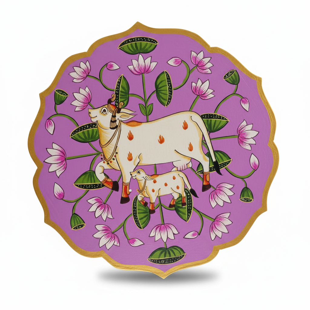 Wooden Pichwai Wall Plate | 9.5 Inches | Handpainted | Purple/Pink Nandi