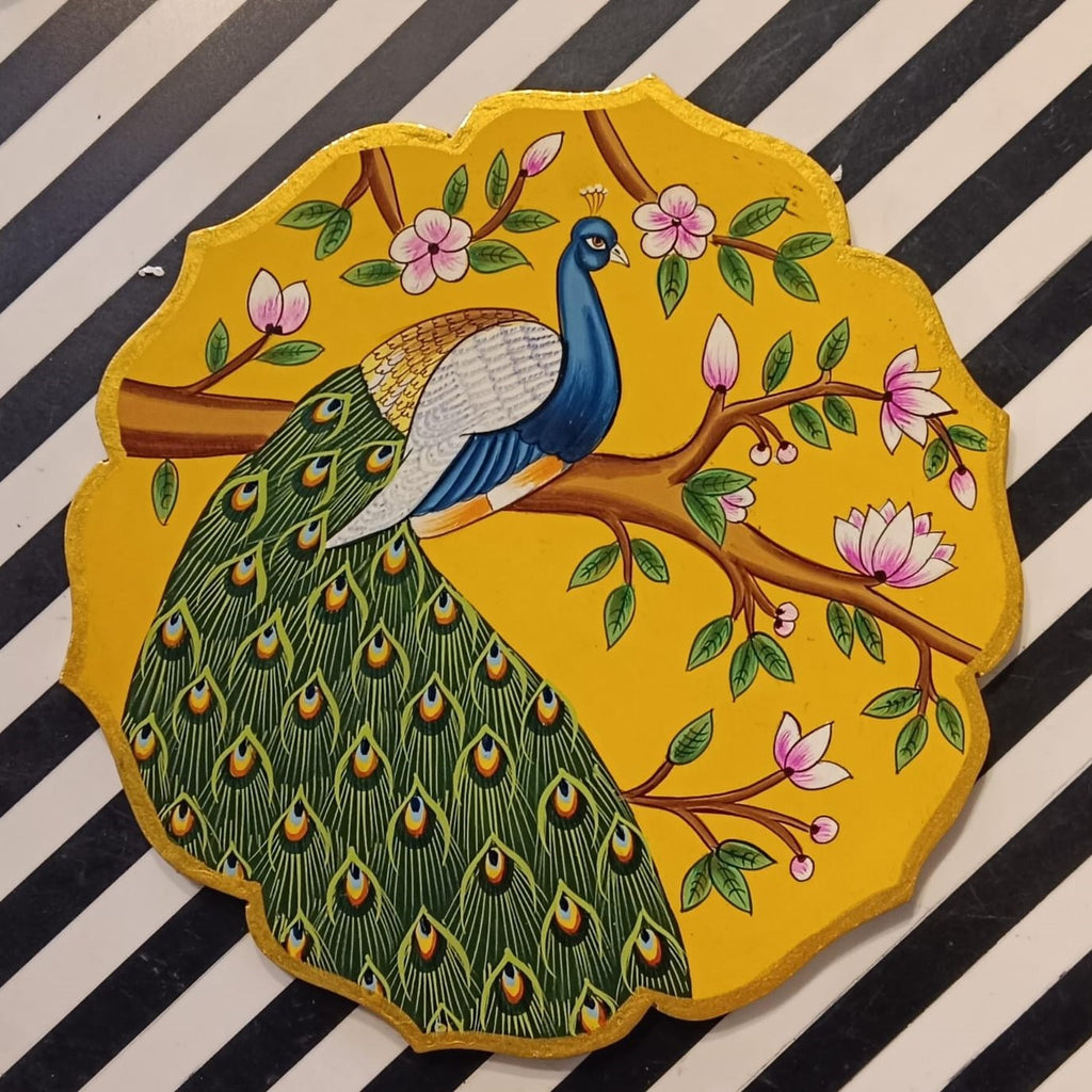 Wooden Pichwai Wall Plate | 9.5 Inches | Handpainted | Yellow Peacock