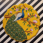 Wooden Pichwai Wall Plate | 9.5 Inches | Handpainted | Yellow Peacock