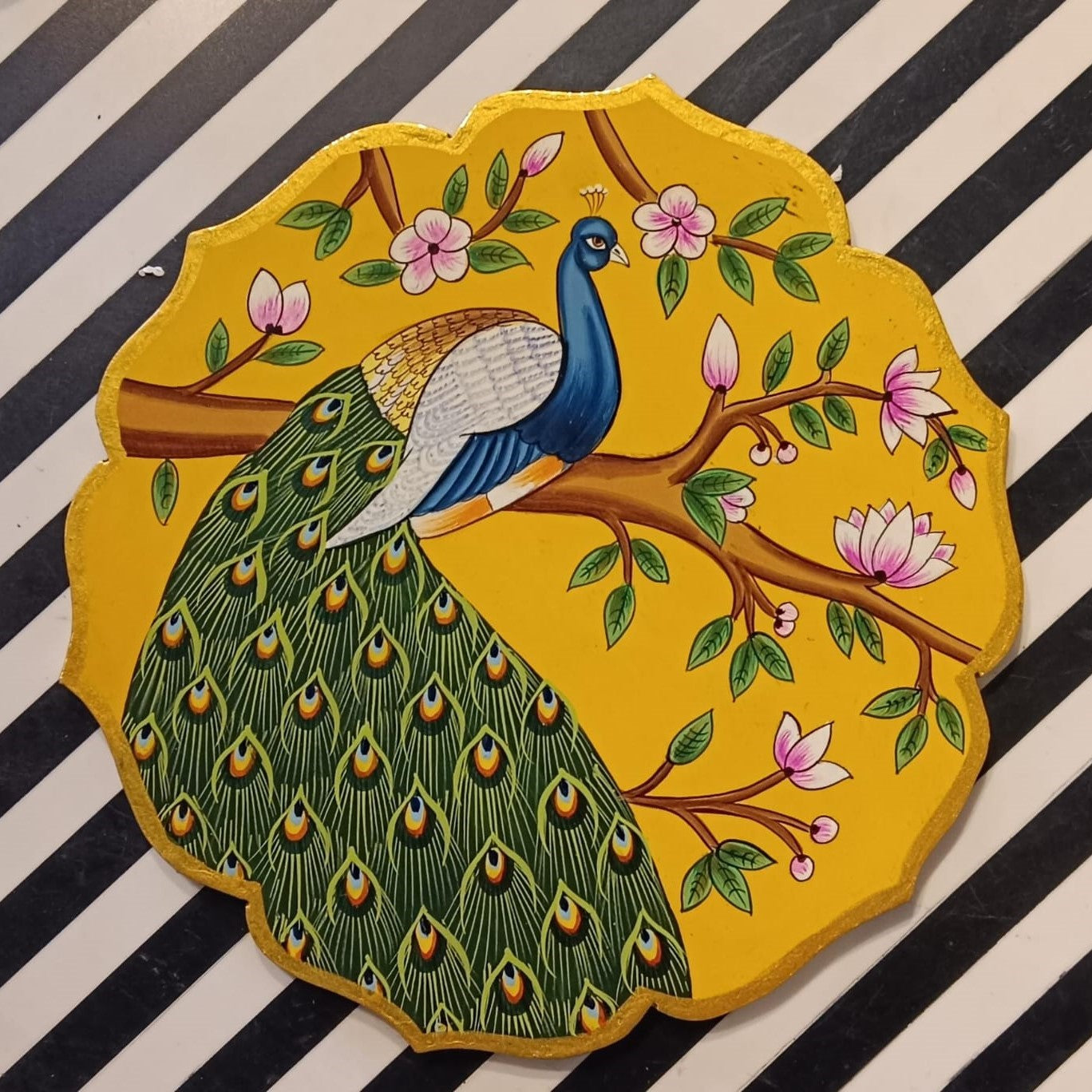 Wooden Pichwai Wall Plate | 9.5 Inches | Handpainted | Yellow Peacock