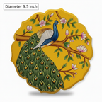 Wooden Pichwai Wall Plate | 9.5 Inches | Handpainted | Yellow Peacock
