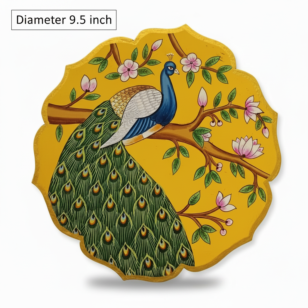 Wooden Pichwai Wall Plate | 9.5 Inches | Handpainted | Yellow Peacock