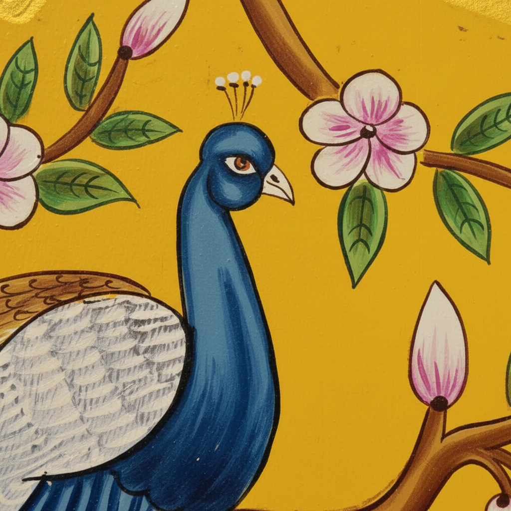 Wooden Pichwai Wall Plate | 9.5 Inches | Handpainted | Yellow Peacock