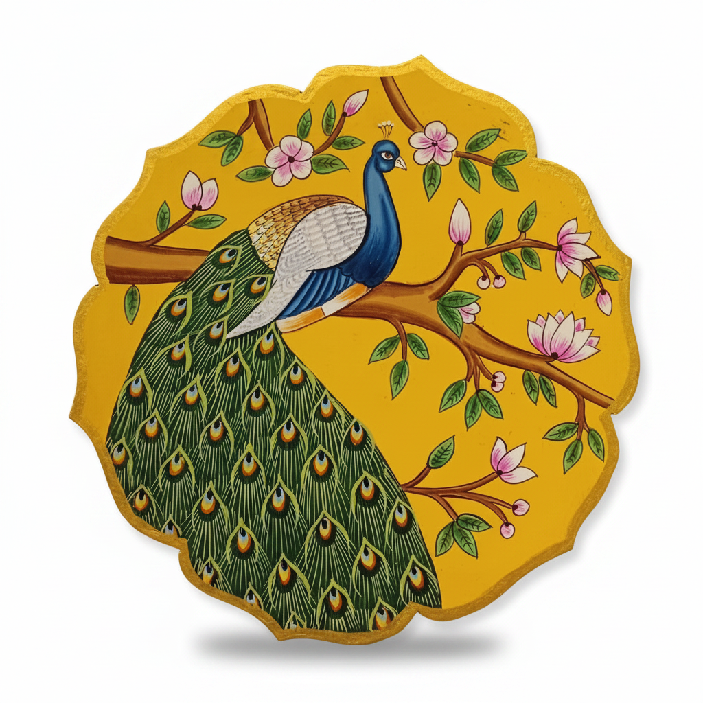 Wooden Pichwai Wall Plate | 9.5 Inches | Handpainted | Yellow Peacock