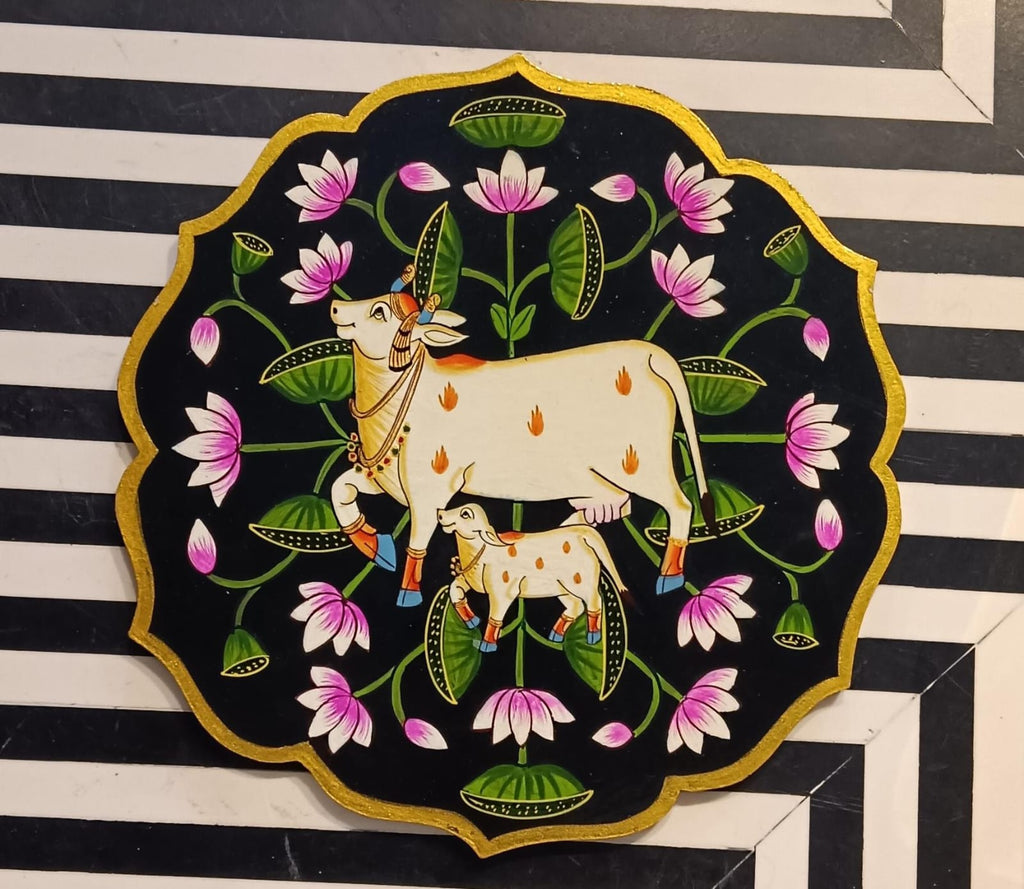 Wooden Pichwai Wall Plate | 9.5 Inches | Handpainted | Black Nandi
