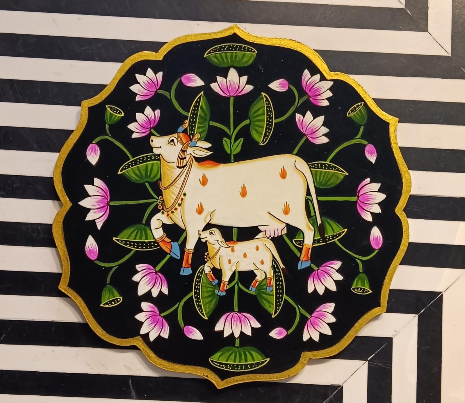 Wooden Pichwai Wall Plate | 9.5 Inches | Handpainted | Black Nandi