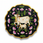 Wooden Pichwai Wall Plate | 9.5 Inches | Handpainted | Black Nandi