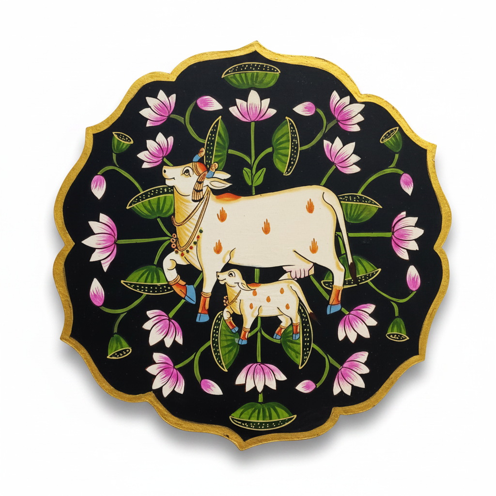 Wooden Pichwai Wall Plate | 9.5 Inches | Handpainted | Black Nandi