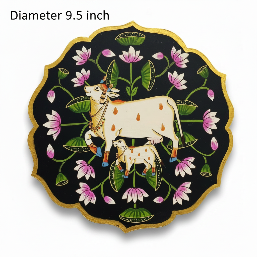 Wooden Pichwai Wall Plate | 9.5 Inches | Handpainted | Black Nandi