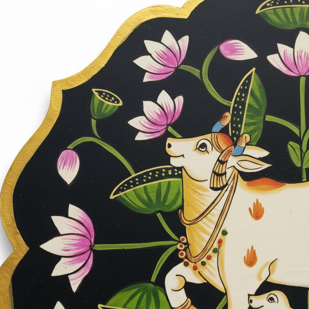 Wooden Pichwai Wall Plate | 9.5 Inches | Handpainted | Black Nandi