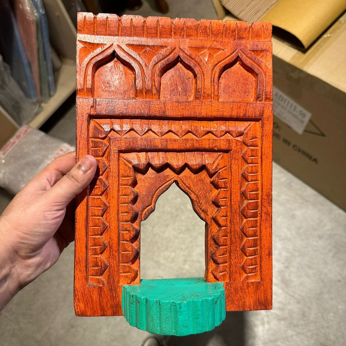 Jharokha Wall Frame | Orange-Red with Green Shelf | 12x8x1 Inch