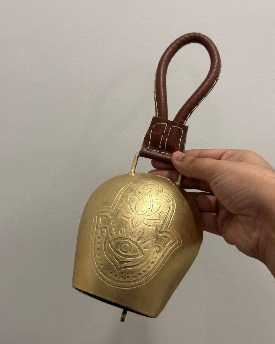 Cow Bell Brass Finish | Lotus + Evil eye motif | 11 inches