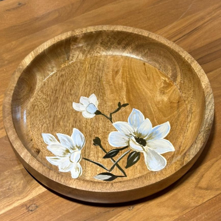 Wooden Bowl | White Flower Motifs | 28x28x6cm