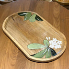 Wooden Platter Big | Handpainted White Flower Motif | 41x25x3 cm