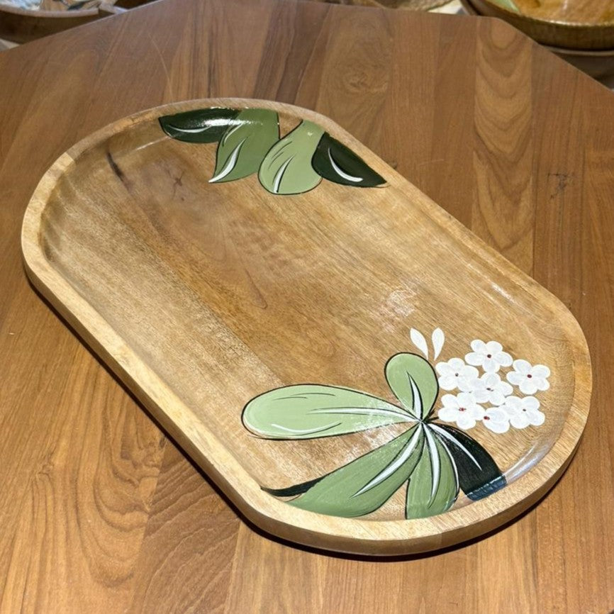 Wooden Platter Big | Handpainted White Flower Motif | 41x25x3 cm