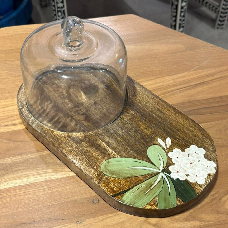 Wooden Dome Platter | Handpainted White Flower Motif | (Tray - 33x19x3 cm, Dome- 14cm height)