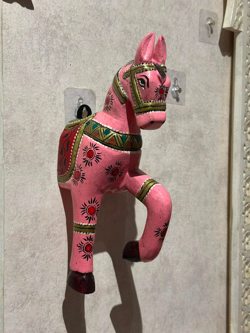 Wooden Horse Wall Hanging | Handpainted Pink | 13.5x6x3.5 inch