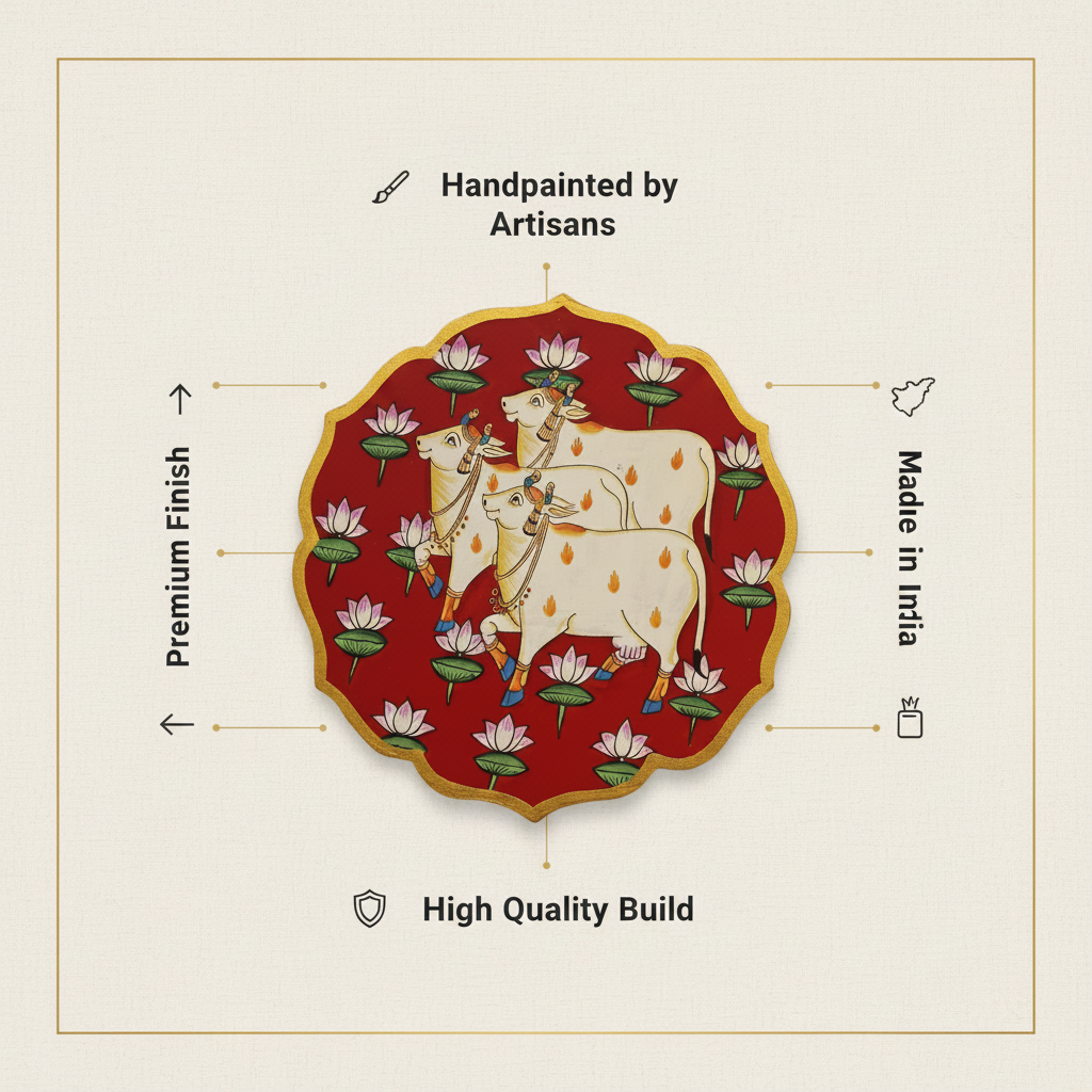 Wooden Pichwai Wall Plate | 9.5 Inches | Handpainted | Red Nandi