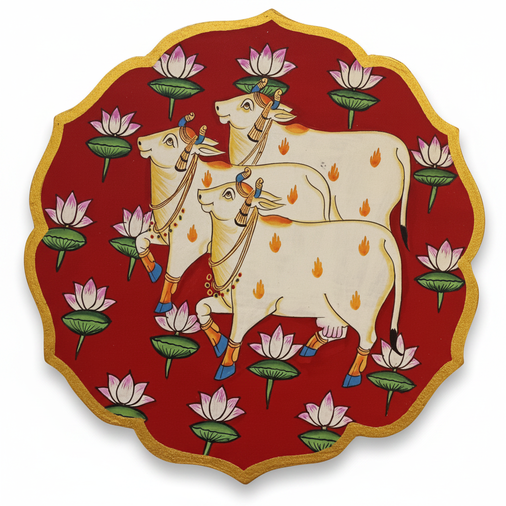 Wooden Pichwai Wall Plate | 9.5 Inches | Handpainted | Red Nandi