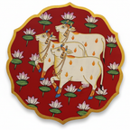 Wooden Pichwai Wall Plate | 9.5 Inches | Handpainted | Red Nandi