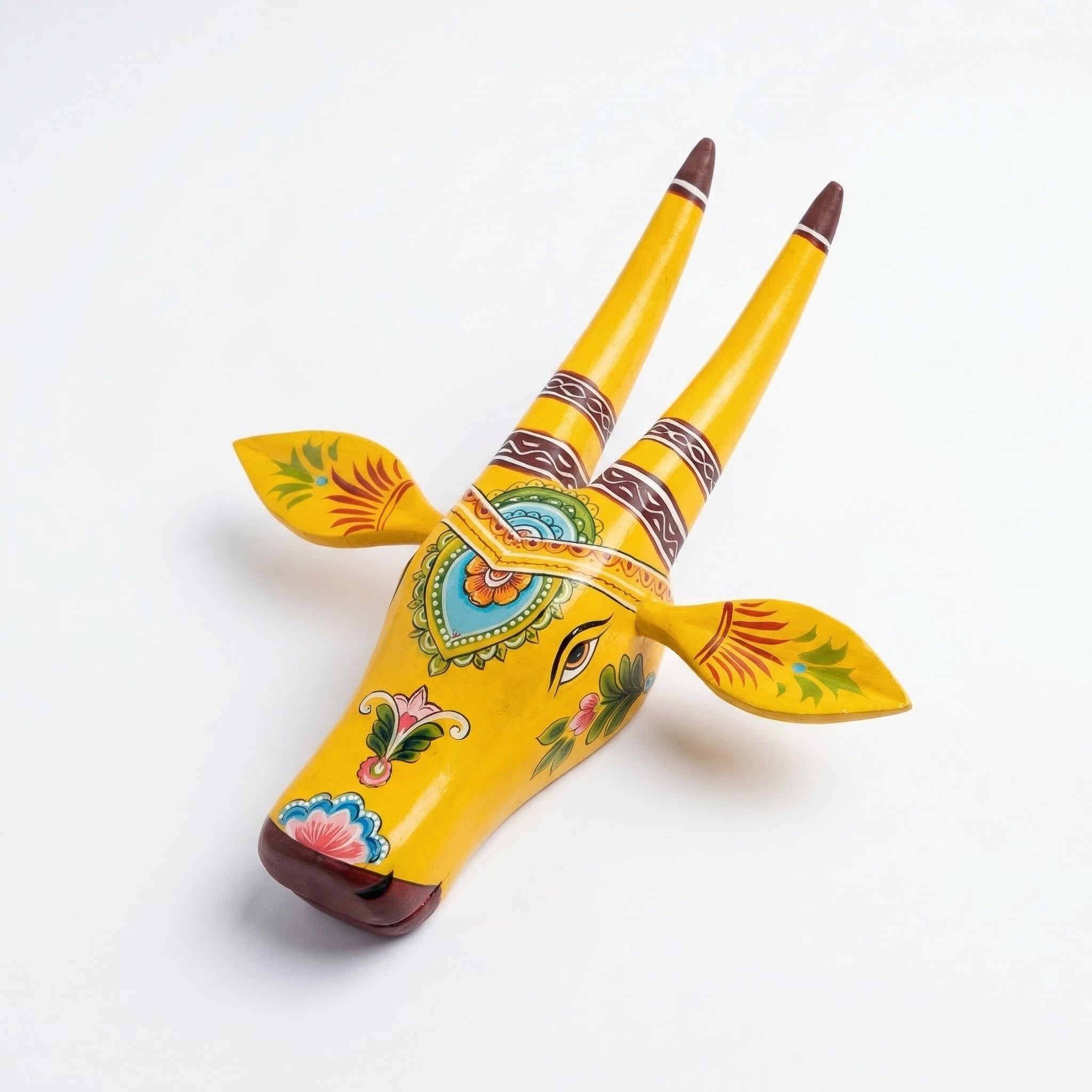 Handpainted Wooden Nandi/Cow Wall Decor | Yellow | 12x11x4 Inches