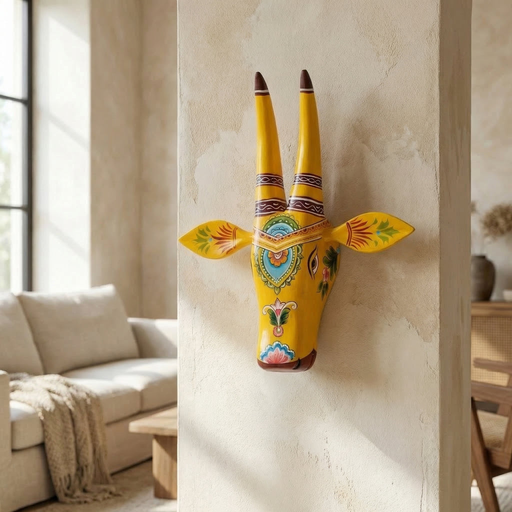 Handpainted Wooden Nandi/Cow Wall Decor | Yellow | 12x11x4 Inches
