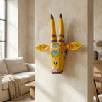 Handpainted Wooden Nandi/Cow Wall Decor | Yellow | 12x11x4 Inches