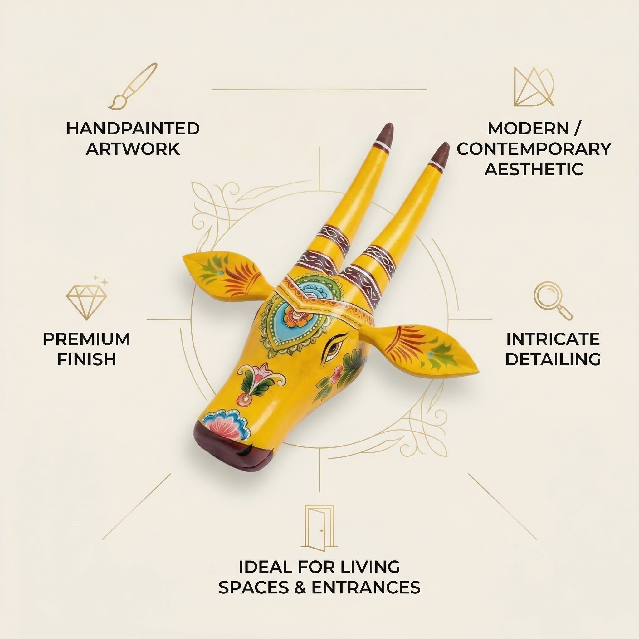 Handpainted Wooden Nandi/Cow Wall Decor | Yellow | 12x11x4 Inches
