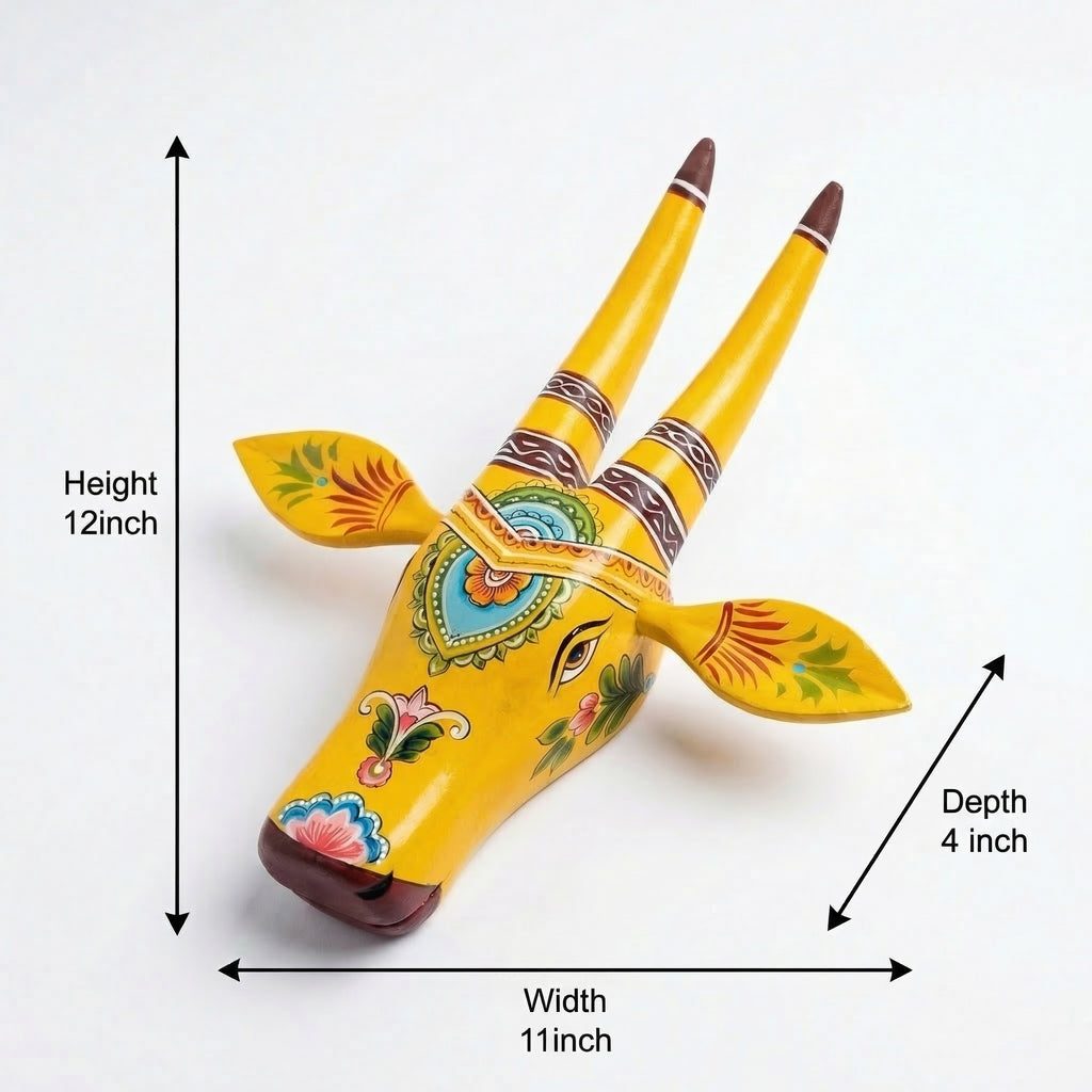 Handpainted Wooden Nandi/Cow Wall Decor | Yellow | 12x11x4 Inches