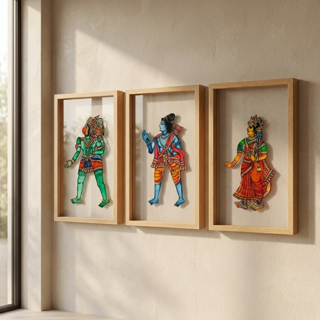 Ram, Sita & Hanuman Ji (set of 3 Frames) | Leather Puppet Art with Frame