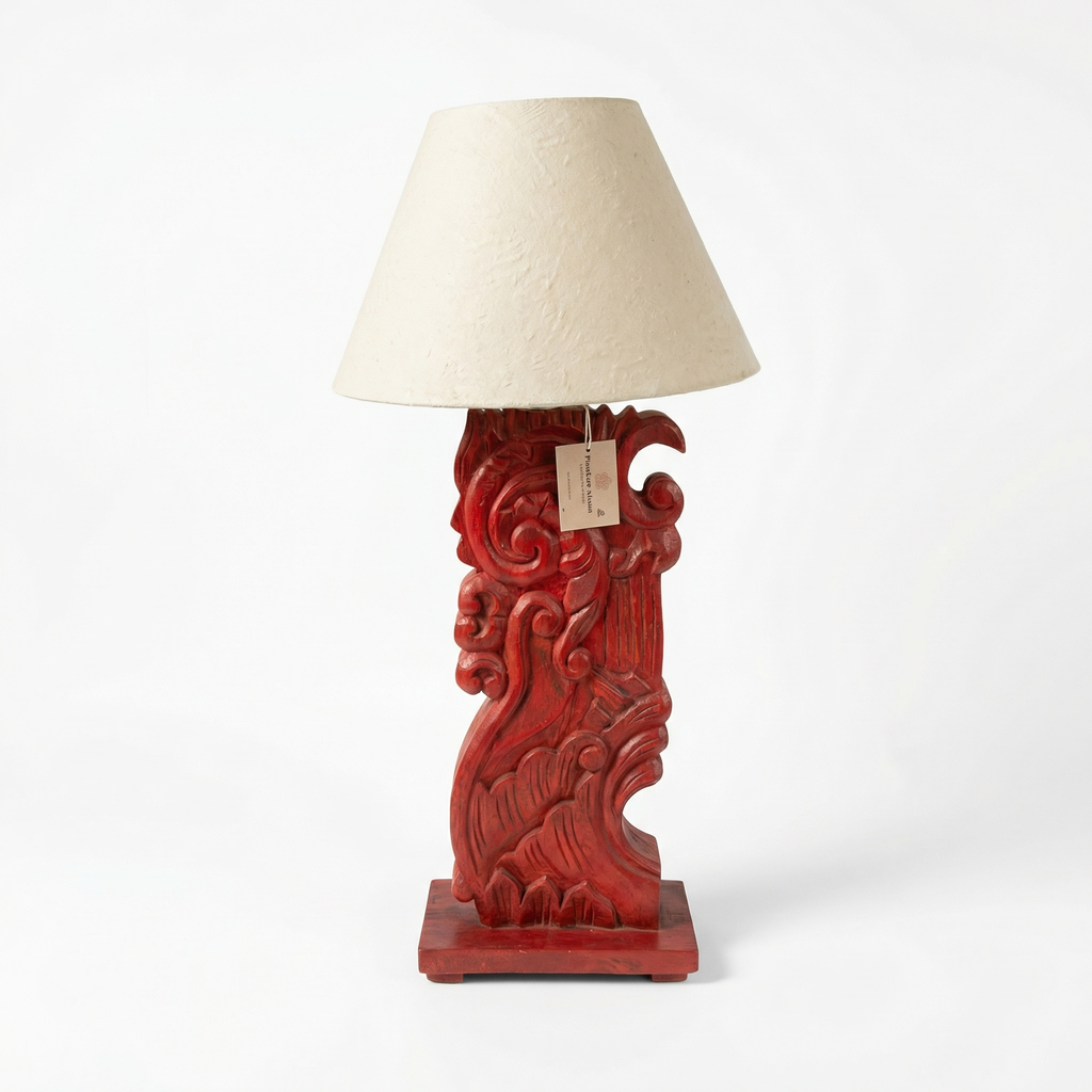 Solid Wood Red Carving Lamp (Including Shade) | 56x25x25cm