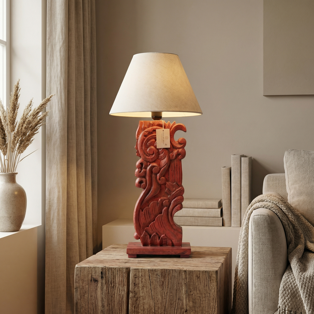 Solid Wood Red Carving Lamp (Including Shade) | 56x25x25cm