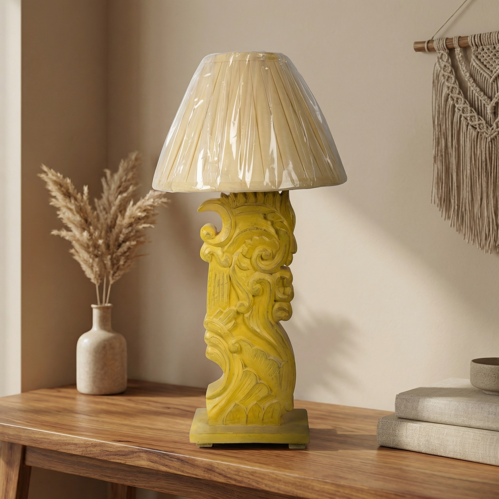 Solid Wood Yellow Carving Lamp (Including Shade) | 56x25x25cm