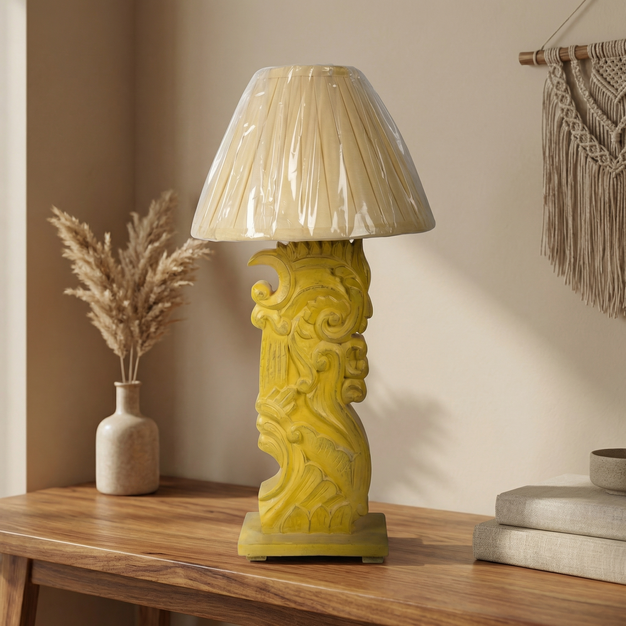 Solid Wood Yellow Carving Lamp (Including Shade) | 56x25x25cm