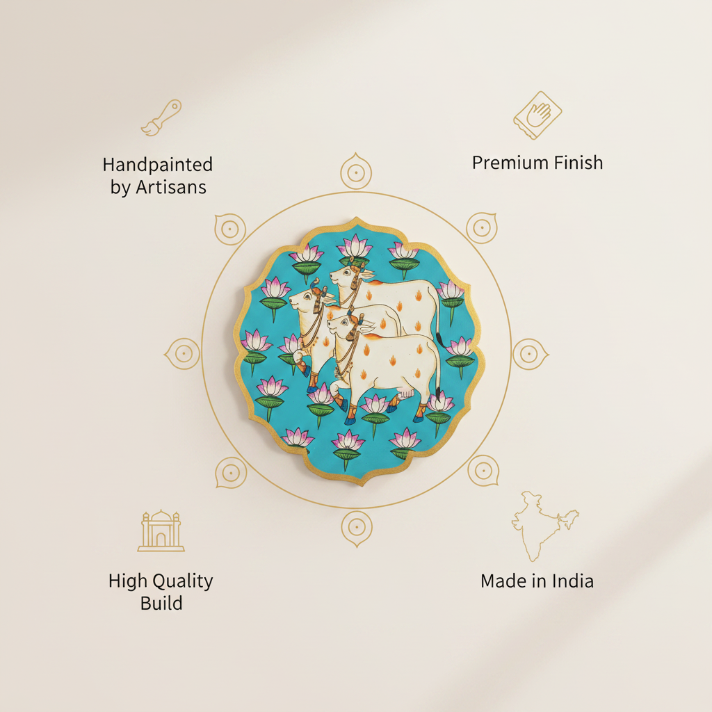 Wooden Pichwai Wall Plate | 9.5 Inches | Handpainted | Blue | Nandi