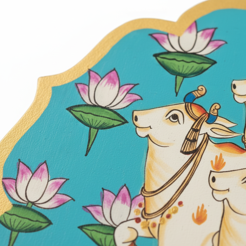 Wooden Pichwai Wall Plate | 9.5 Inches | Handpainted | Blue | Nandi