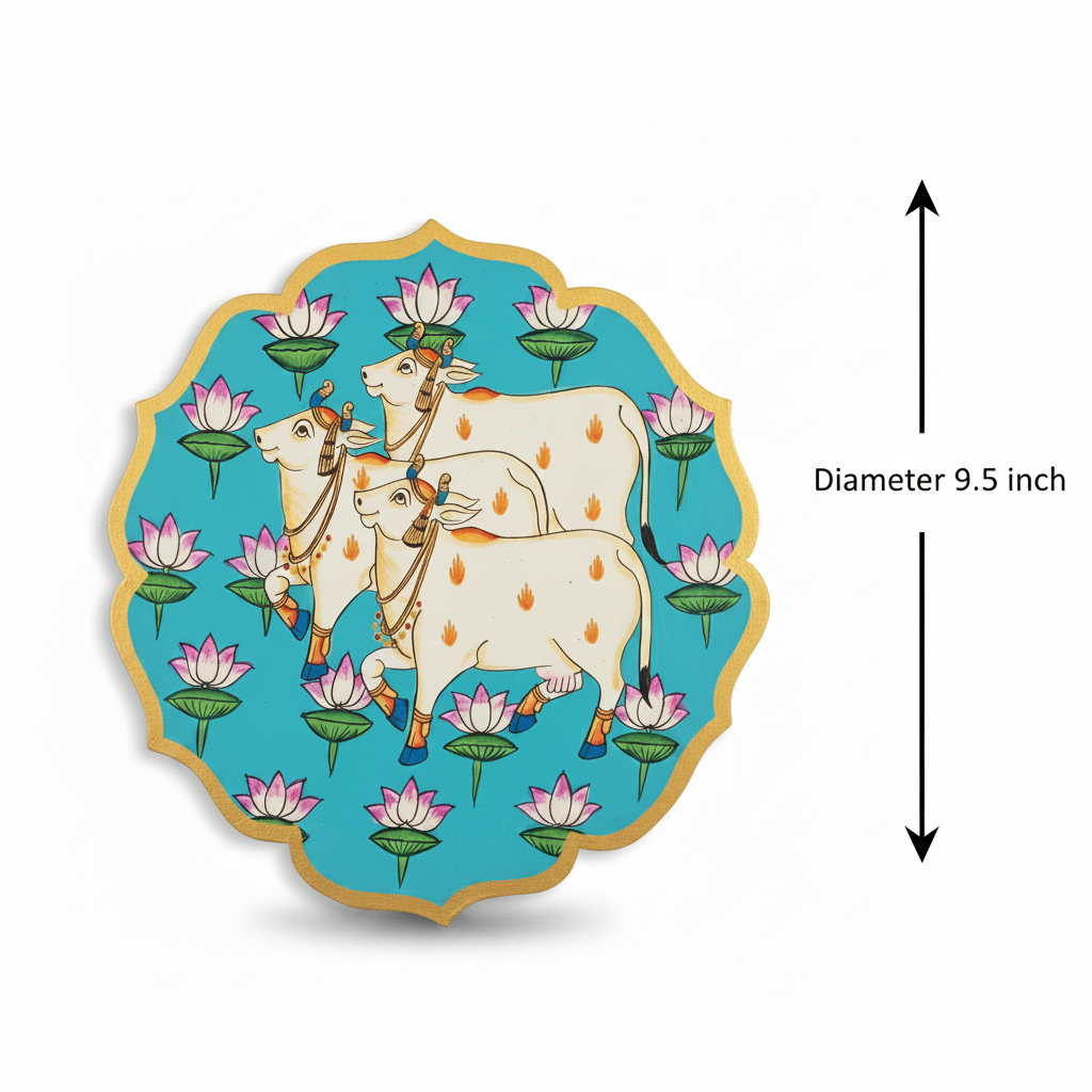 Wooden Pichwai Wall Plate | 9.5 Inches | Handpainted | Blue | Nandi