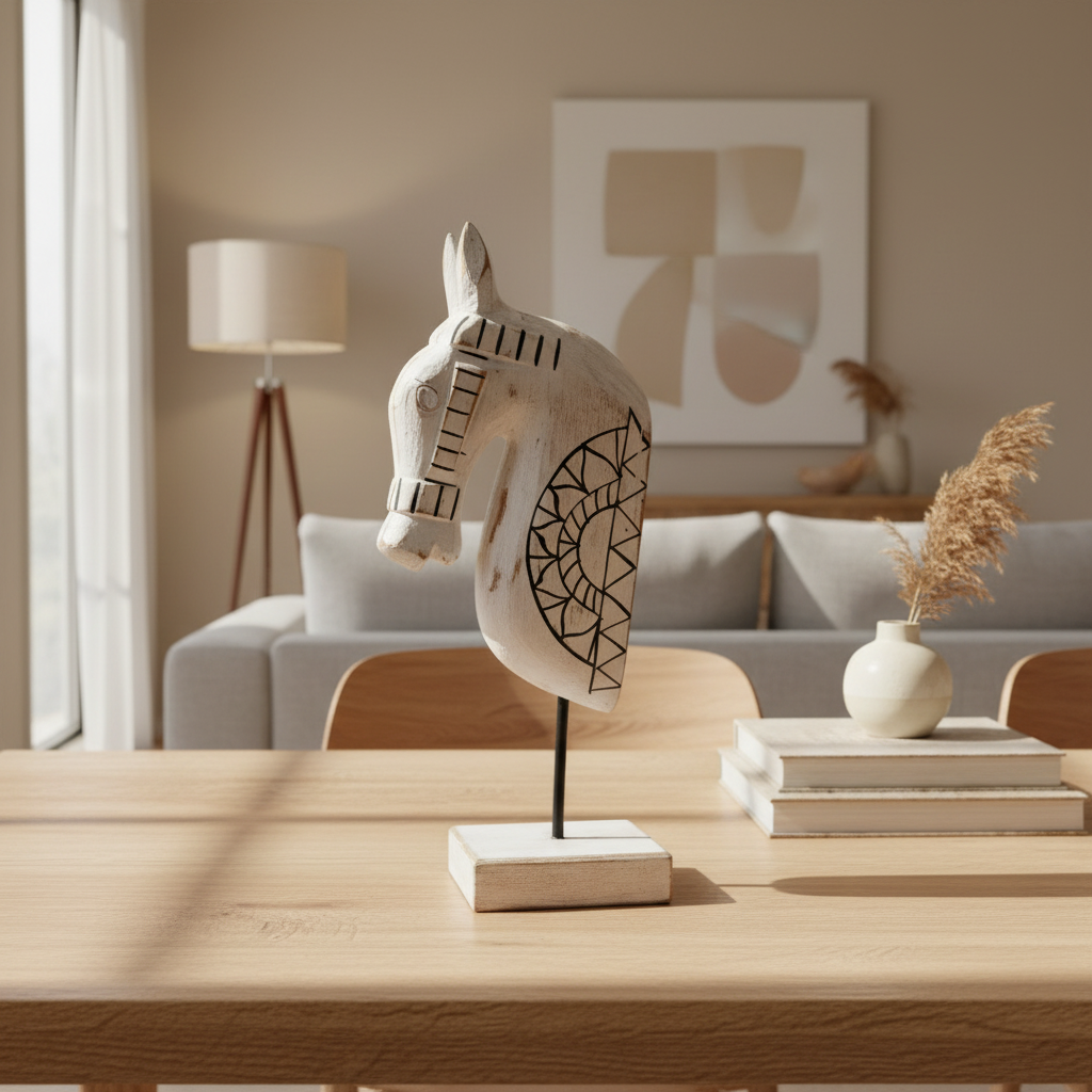 Wooden Horse on Stand | White Geometric | 33x13x6.5cm