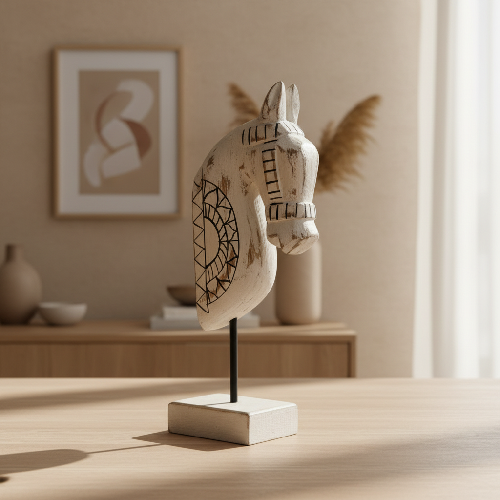 Wooden Horse on Stand | White Geometric | 33x13x6.5cm