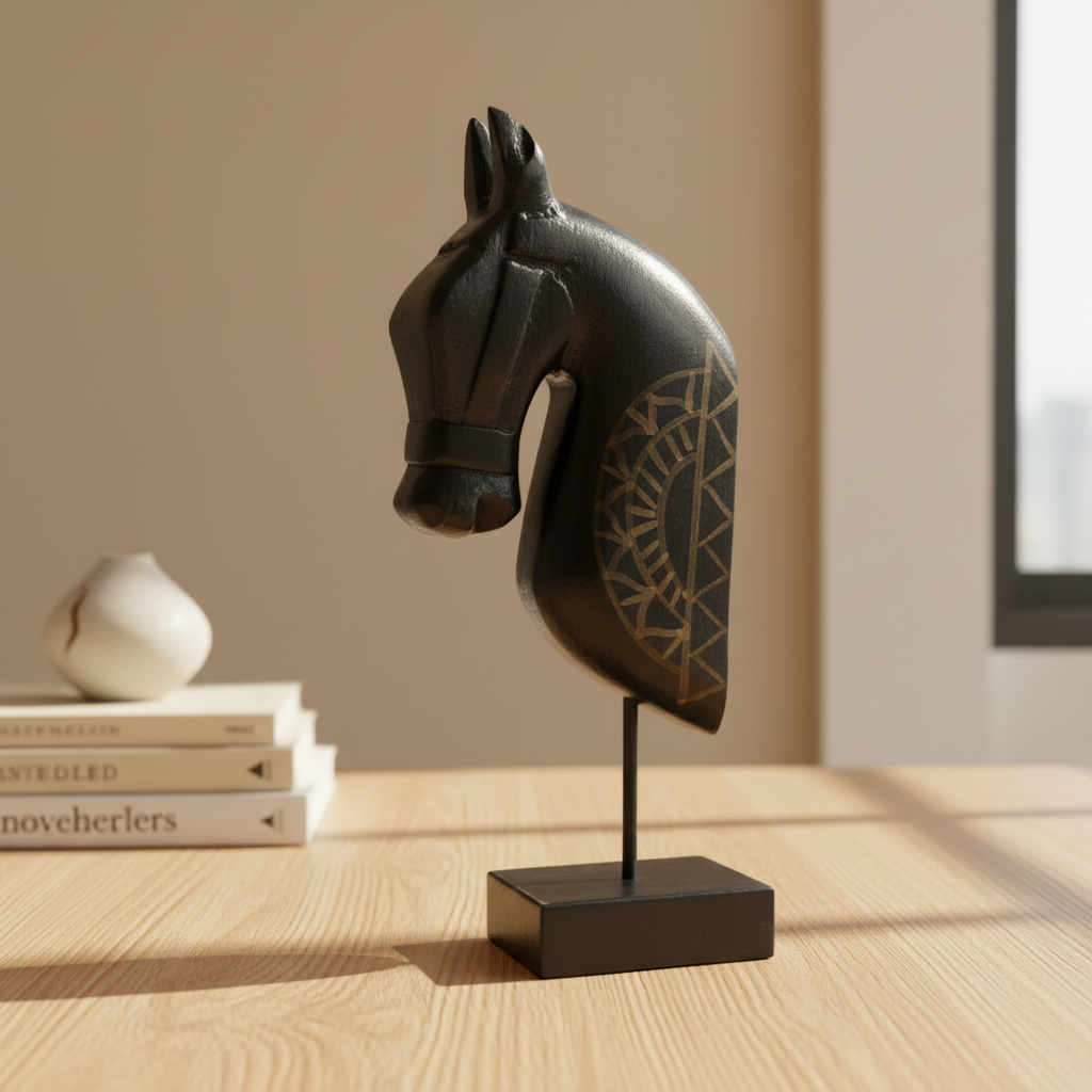 Wooden Horse on Stand | Black | 33x13x6.5cm