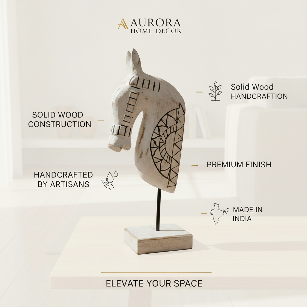 Wooden Horse on Stand | White Geometric | 33x13x6.5cm